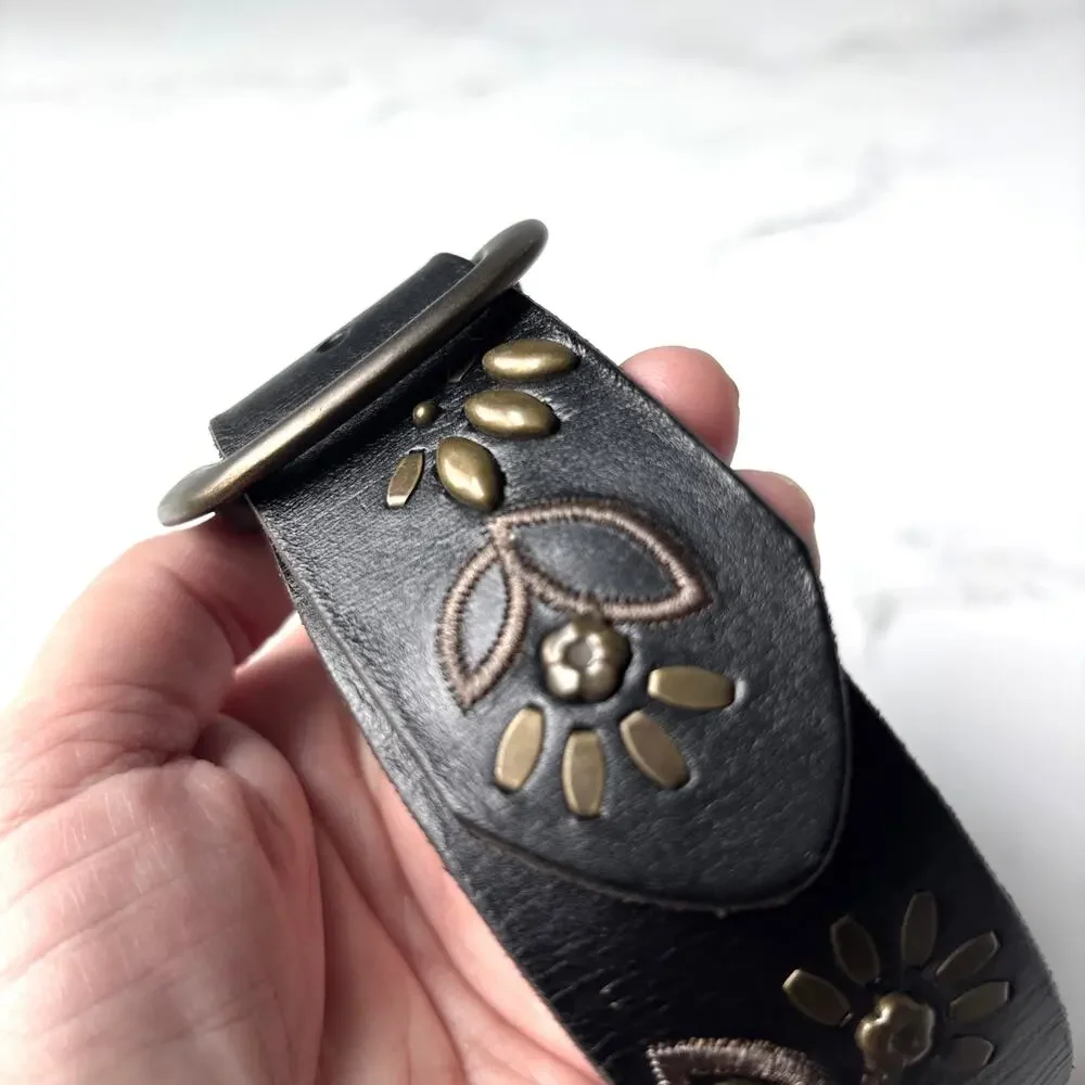 FOSSIL Black Leather Belt Artsy Metal Floral Stud Detail Boho Western Women’s M
